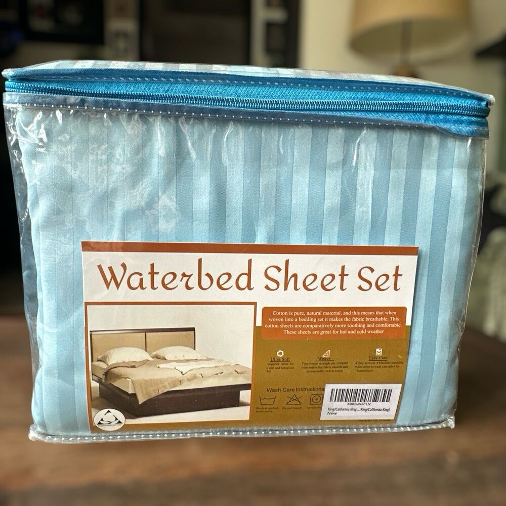 Vintage Waterbed Sheet Set Blue Striped California King Egyptian Cotton NEW